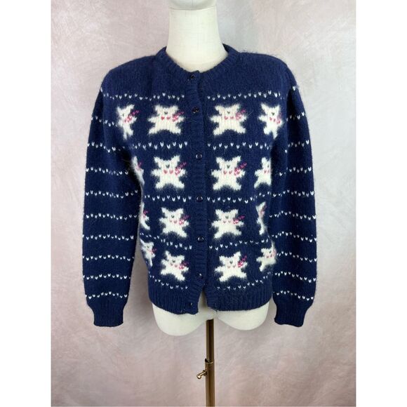 Vintage 1980s 1990s Teddy Bear Cardigan Wool Blend Marisa Christina - Picture 1 of 7